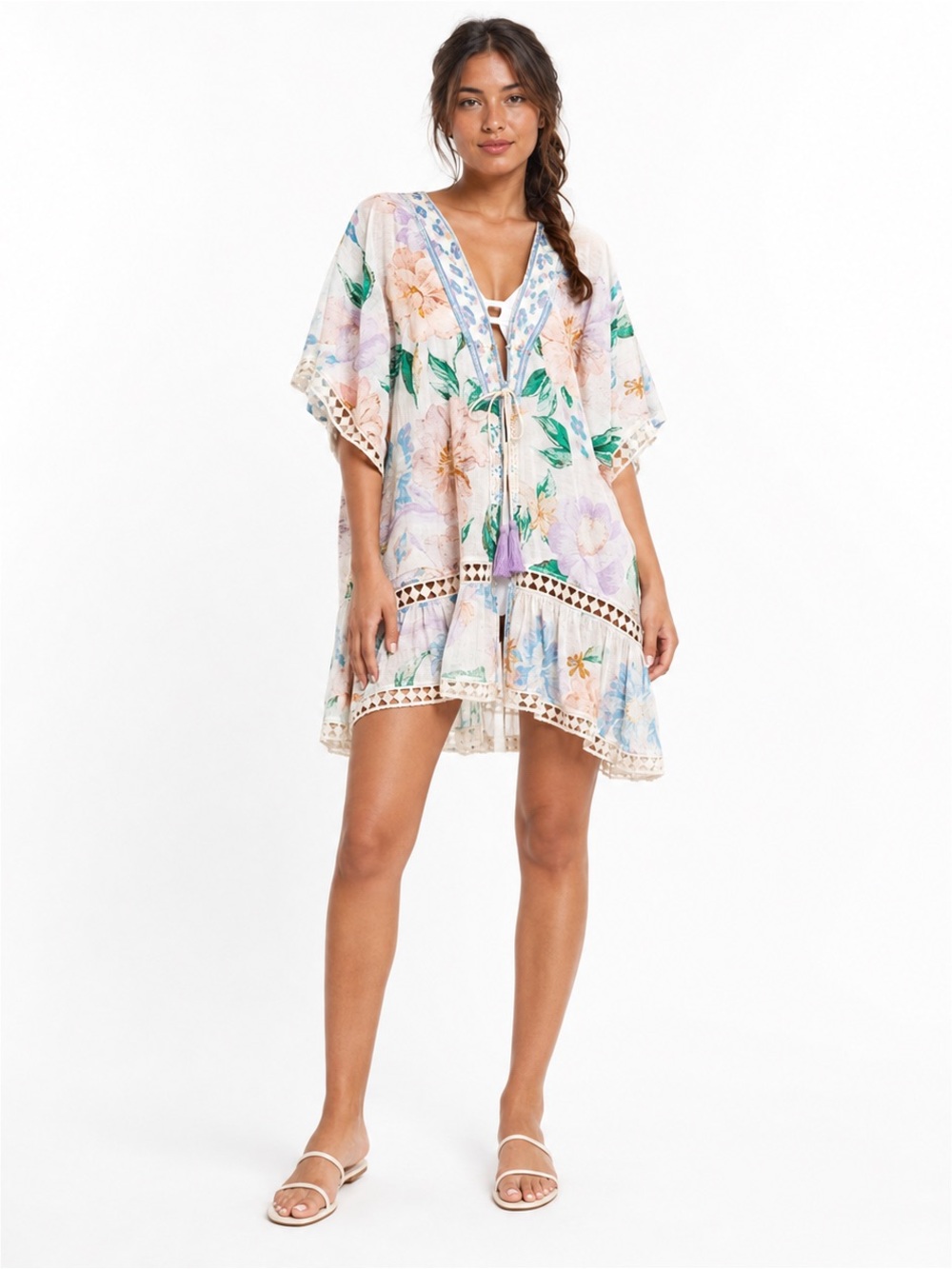 Z&L Anthropologie Floral Crochet Trim Tunic Cover-Up Dress Size Large